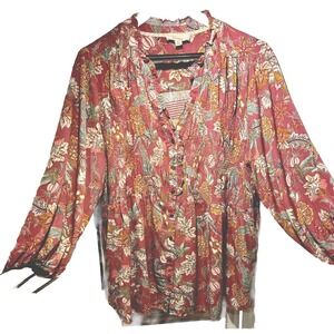Nurture By Westbound Woman 3X V Neck LS  button Front Floral Smocked Cottagecore